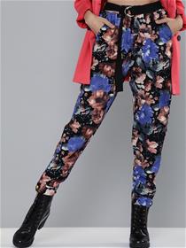 Trousers for women black & blue cotton regular fit floral printed,fancy, designer,party wear trousers(m)
