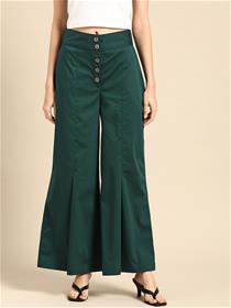 Trousers for women green slim fit high - rise pleated bootcut,fancy,designer,party wear trousers(m)
