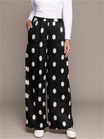 Trousers for women black & off-white regular fit printed parallel,fancy,designer,party wear trousers(m)