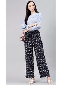 Trousers for women navy blue floral printed straight fit linen,fancy, designer,party wear trousers(m)