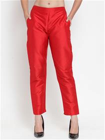 Trousers for women red regular fit solid cigarette,fancy,designer,party wear trousers(m)