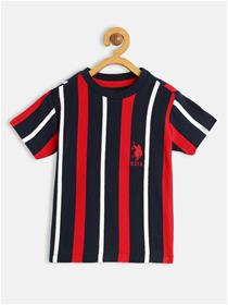 Boys navy blue & red striped pure cotton t-shirt