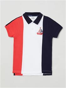 Boys white & red colourblocked polo collar applique pure cotton t-shirt
