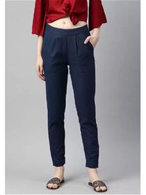 Regular fit women dark blue cotton blend trousers,fancy,party wear trousers(f)