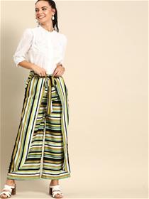 Plazo for women multicoloured striped wide leg layered palazzos with tie - up detail(m),fancy,designer palazzo