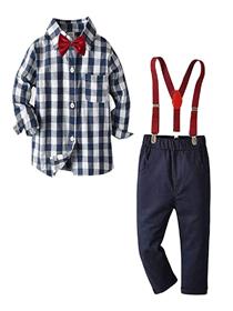 Hopscotch boys cotton checked applique bow full sleeves shirt and suspender pant