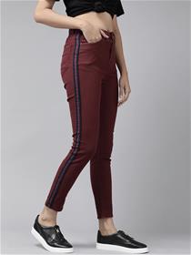 Jeans for women burgundy regular fit stretchable cropped jeans with side stripe