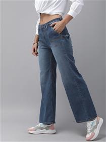 Jeans for women blue wide leg mid -rise clean look stretchable jeans