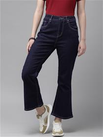 Women navy blue bootcut high - rise clean look stretchable jeans