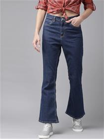 Women navy blue flared fit high - rise clean look stretchable  jeans