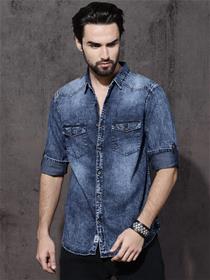 Shirt for men lifestyle blue slim fit fade casual denim shirt (my)