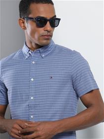 Men blue slim fit striped pure cotton shirt (my)