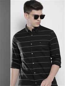 Men black & white slim fit striped pure cotton casual shirt (my)