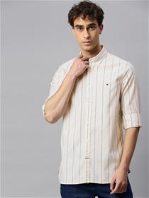 Men cream coloured & blue slim fit striped casual shirt (my)