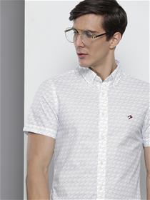 Men white printed slim fit short sleeve casual shirt (my)
