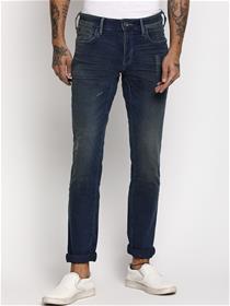 Men blue slim fit low-rise low distress light fade jeans (my)
