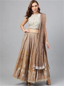 Crop top for women brown & off white printed ready to wear lehenga & blouse with dupatta,fancy & party wear (m)