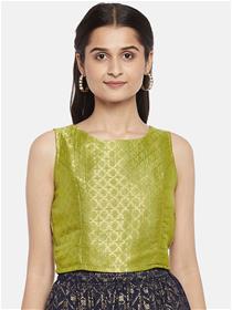 Crop top for women lime green & gold-coloured ethnic motifs woven design cropped top,designer (m)