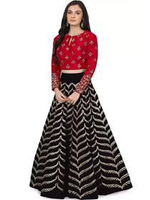 Lehenga choli for girls silk crop top embroidered semi stitched lehenga (black,red),fancy,designer(f)