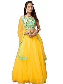 Silk crop top embroidered semi stitched lehenga (yellow),fancy,party wear (f)