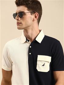 T-Shirt For Men White & Navy Blue Colourblocked Polo Collar Pure Cotton T-Shirt (MY)