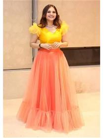Lehenga & crop top for girls self design semi stitched lehenga & crop top  (orange,yellow),fancy,partywear(f)