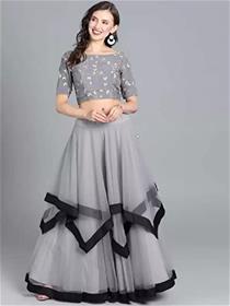 Lehenga & crop top for girls color block semi stitched lehenga & crop top(grey),fancy,designer,party wear (f)