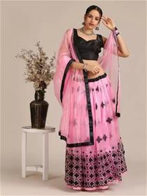 Lehenga & crop top for girls embroidered semi stitched lehenga & crop top (pink,black),fancy,party wear (f)