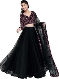 Crop top for women embroidered semi stitched lehenga & crop top (pink,black) (f)