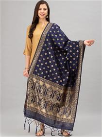 Banarasi dupatta for women navy blue & gold - coloured woven design jacquard,fancy,party wear dupatta(m) Navy Blue