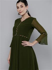 Kurti for women olive green yoke  mirror work dress,fancy,party wear (m)