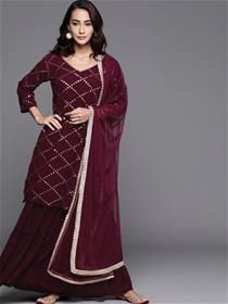 Kurti for women burgundy sequinned dress &dupatta,fancy,designer,partywear(m)