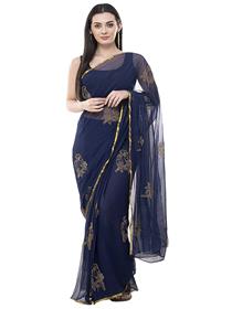 Women's jacquard chiffon saree with blouse (navy blue)