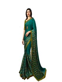 Saree for women's rangoli printed work saree with blouse piece (dark green)