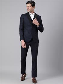 Men navy blue solid regular fit 3 piece formal suit (my)