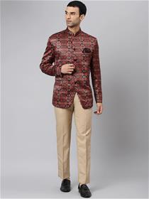 Suit for men brown & pink printed two-piece bandhgala party suit (my)