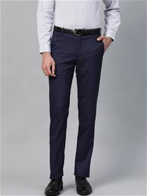 Men navy blue slim fit self checked formal trousers (my)
