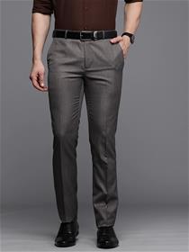 Men dark grey solid slim fit mid-rise plain woven flat-front formal trousers (my