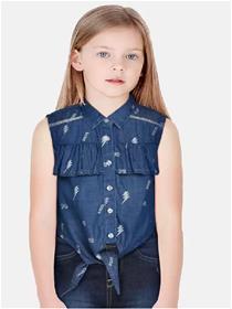 Top for girls casual cotton blend shirt style top  (blue, pack of 1) (f)