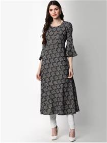 Kurti for women printed rayon flared  (black),fancy,simple designer homewear kurti(f)