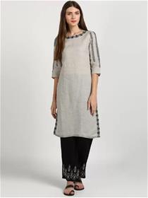 Kurti for women self design,embroidered pure linen straight kurta (grey) (f)
