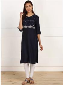 Kurti for women embroidered cotton blend straight kurta (dark blue) (f)