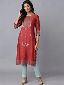 W - women  red ethnic motifs yoke design thread work kurta(m)