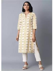 Fancy kurti for women printed cotton blend straight kurta (gold) (f)