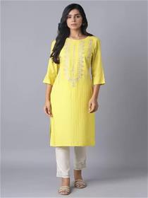 Fancy kurti for women embroidered viscose rayon straight kurta (yellow) (f)