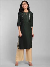 Kurti for women embroidered viscose rayon straight kurta (dark green) (f)