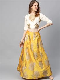 Lehenga for women mustard yellow & golden foil print ready to wear lehenga  with blouse (m)