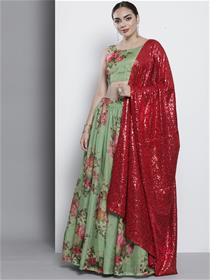 Green & red semi-stitched lehenga & unstitched blouse with dupatta,party wear(m)