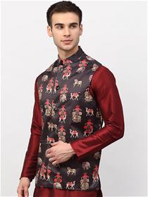 Men's printed satin modi jacket (red&black)