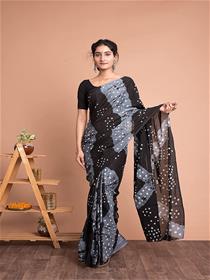 Saree for women latest cotton black & grey bandhej leheriya pattern saree(a)